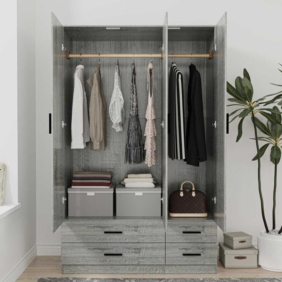3 Door 4 Drawer Wardrobe Hanging Rail Shelf Storage Grey Bedroom Unit