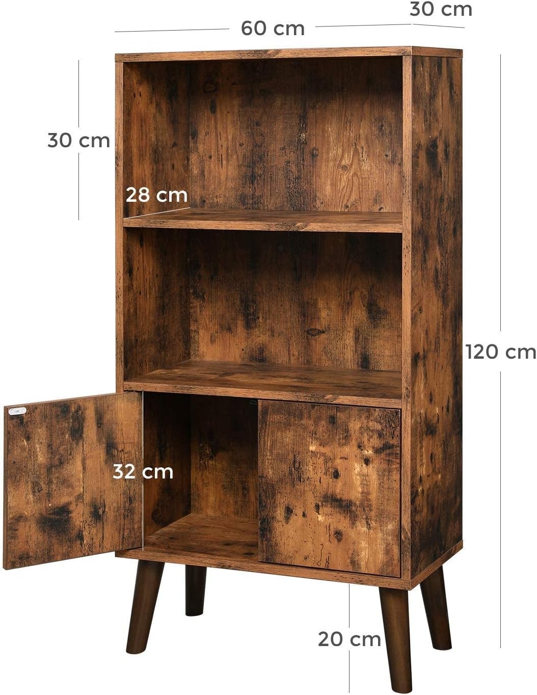 3-Tier Rustic Bookcase with Cabinet – Mid-Century Storage Shelf for Home & Offic