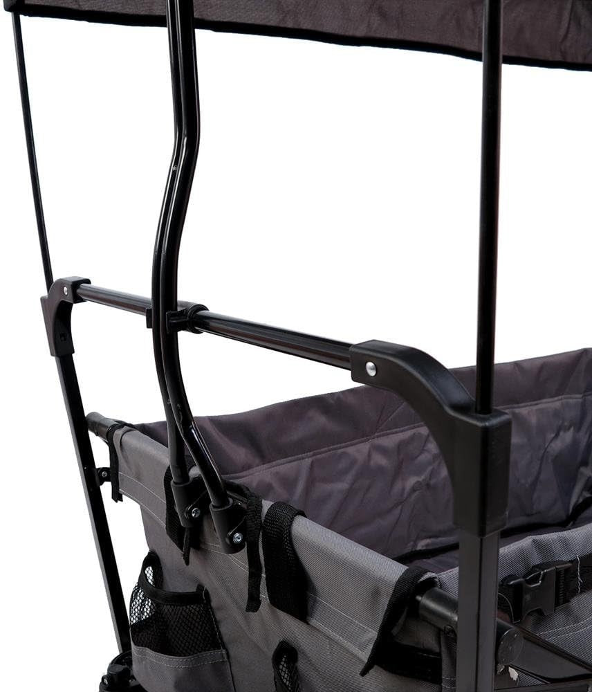 Grey Folding Wagon w/ Canopy Compact Pull Cart Garden Trolley w/ Rear Bag