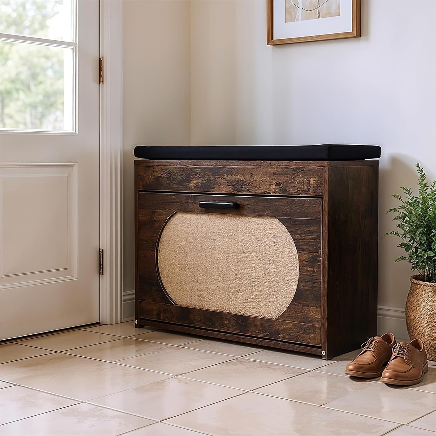 Rustic Brown Shoe Storage Bench with Flip Drawer & Cushioned Seat, 74x24x51 cm