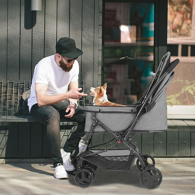 Dark Grey Pet Stroller Foldable Dog Cat Pram 33lb Capacity Travel Pushchair