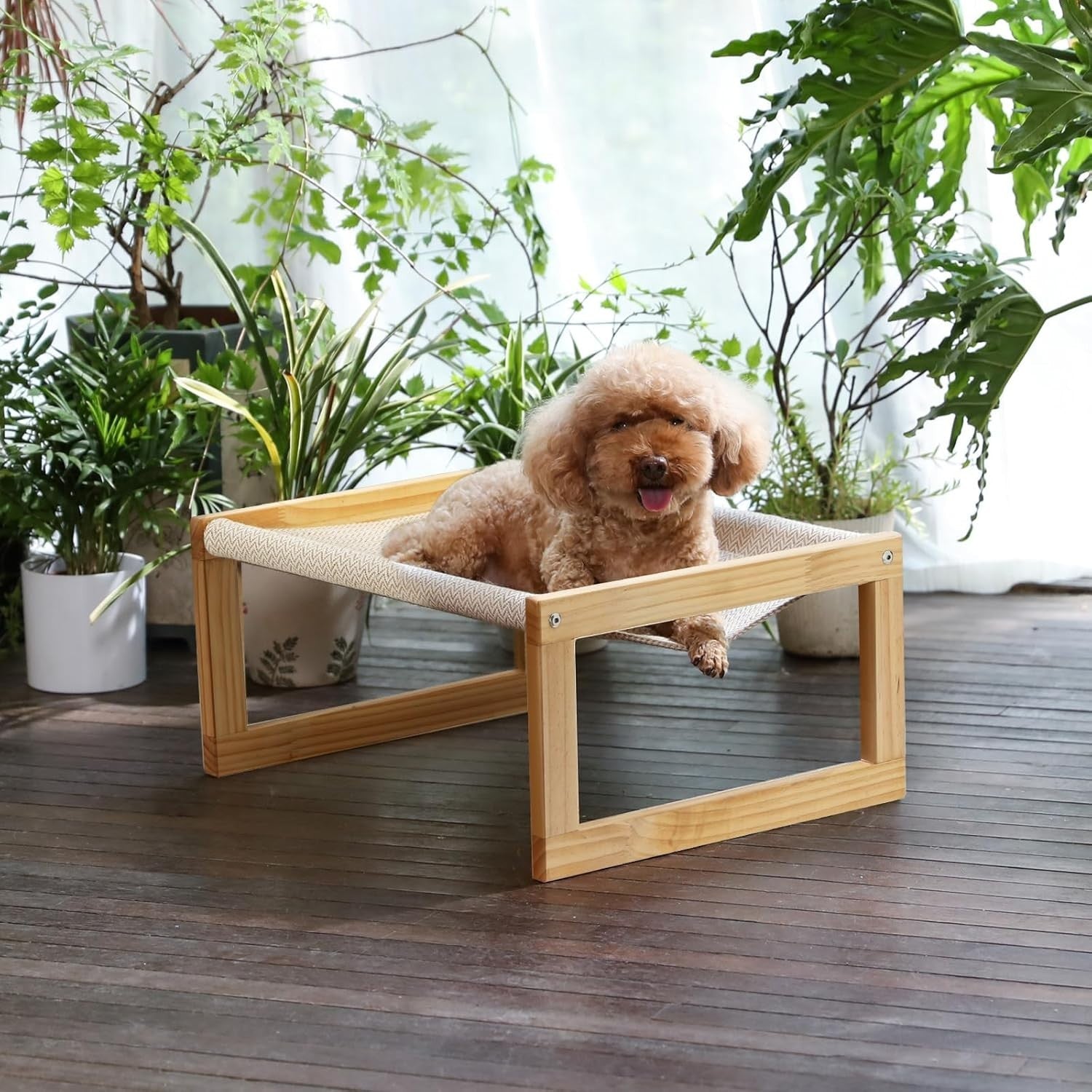 Wooden Cat Hammock Bed Elevated Pet Cot Breathable Washable 53cm