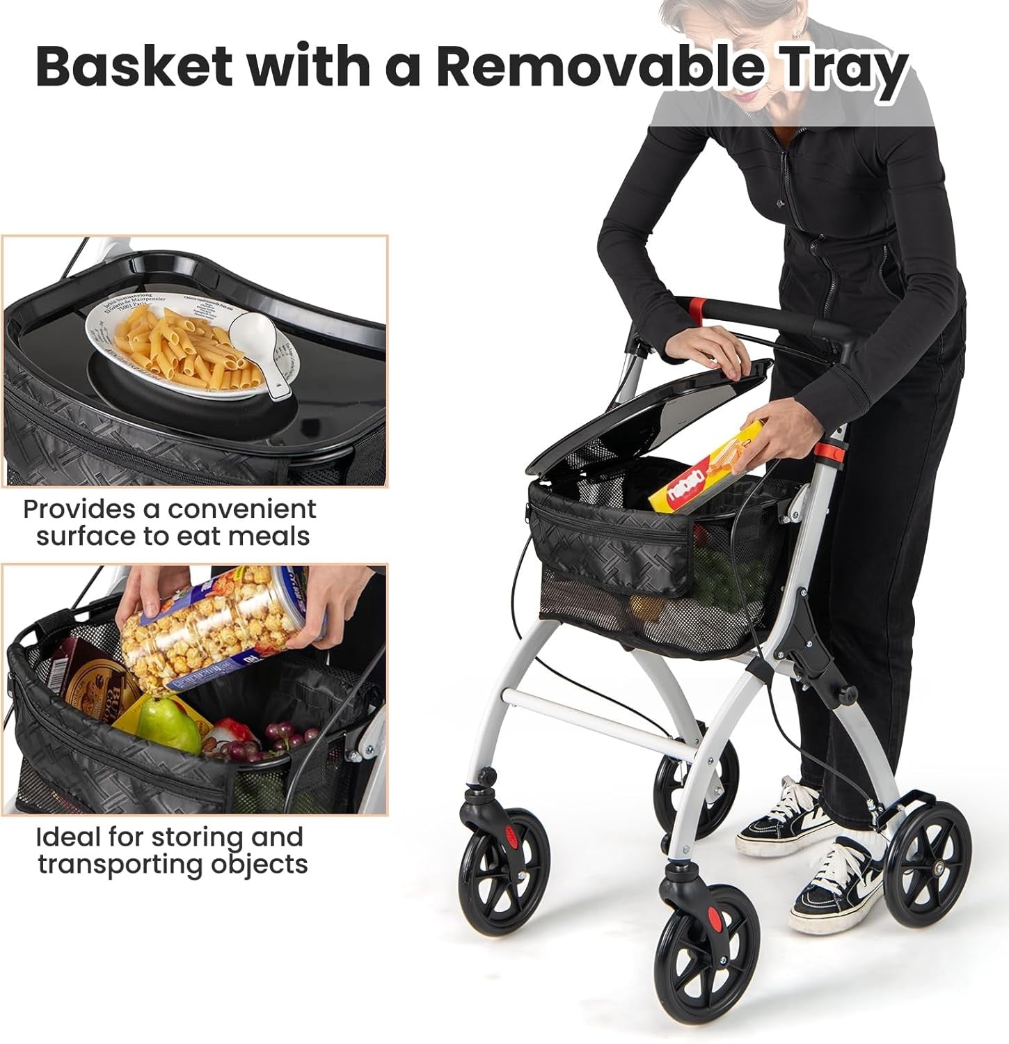 4 Wheel Rollator Walker Lightweight Folding Mobility Aid with Brakes & Tray