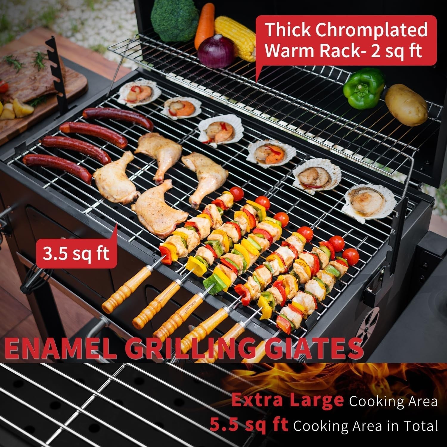 Large Charcoal BBQ Grill with Dual Adjustable Trays & Temperature Gauge