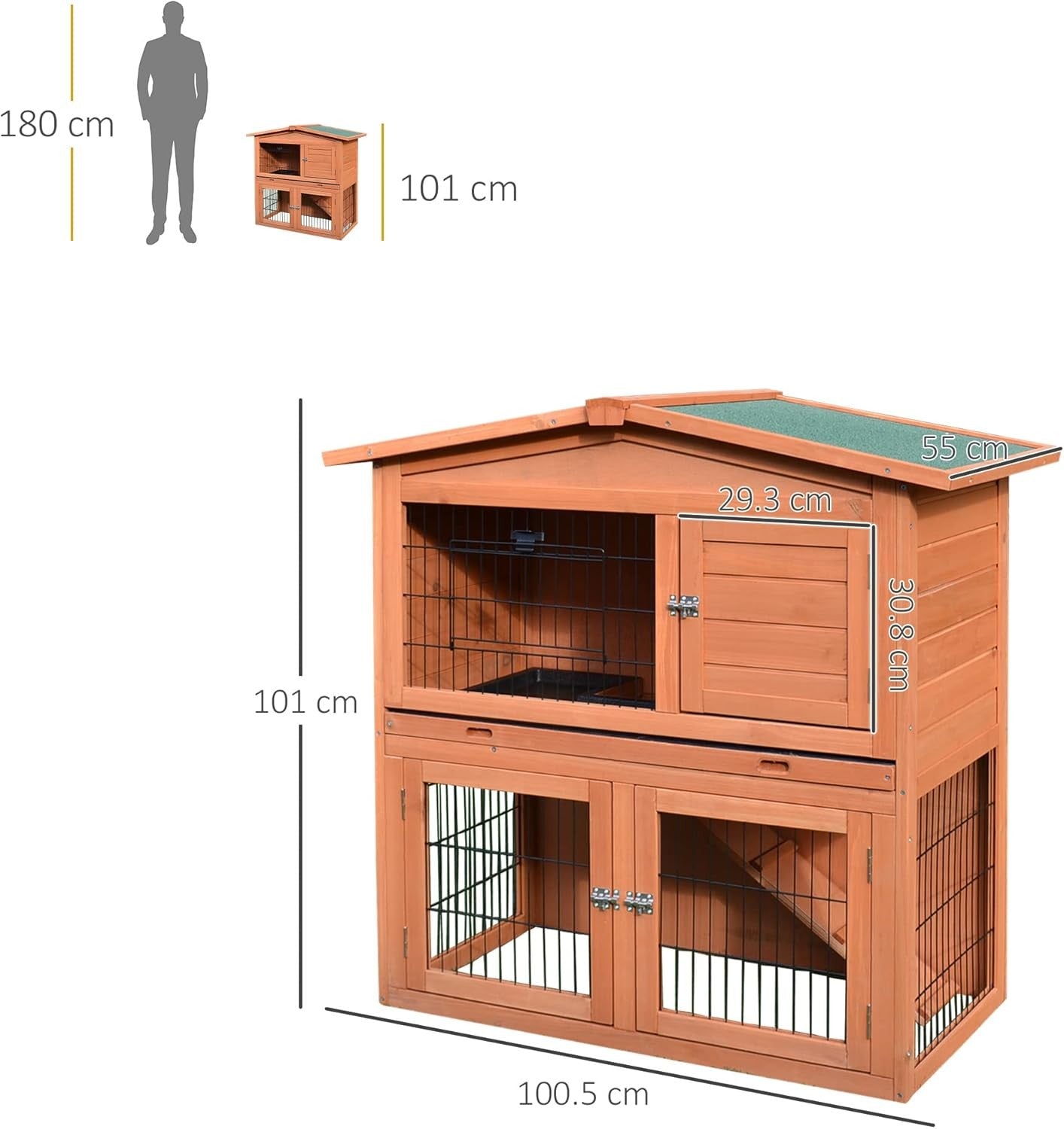 2 Tier Rabbit Hutch Outdoor Wooden Guinea Pig Cage with Tray & Ramp