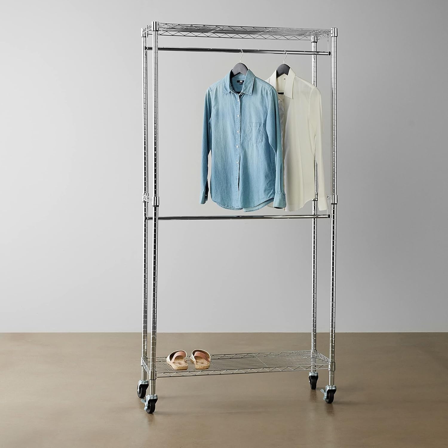 Double Rod Clothes Rail with Shelves – Chrome 183cm