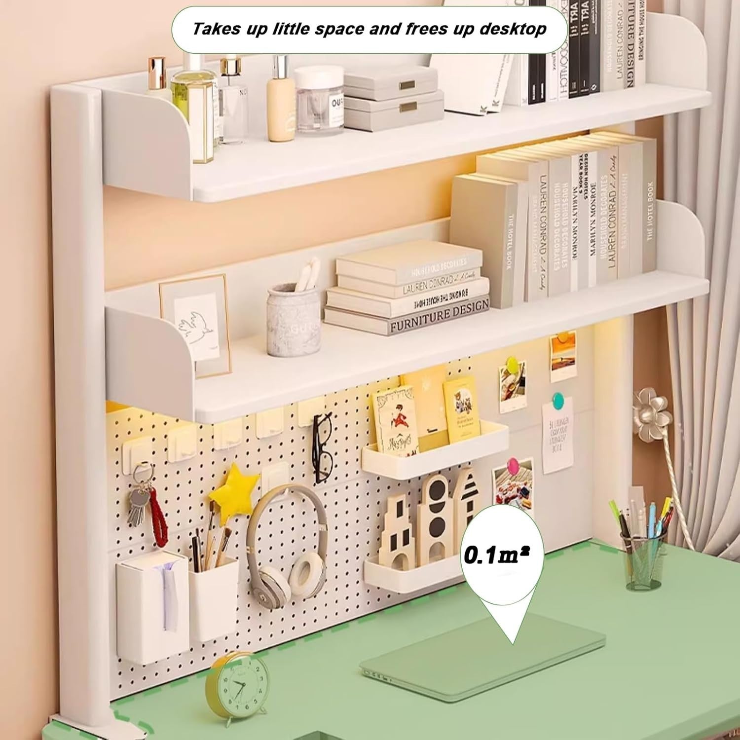 Clamp-On Desk Organizer Shelf 2-Tier White Pegboard Workstation Rack 100cm