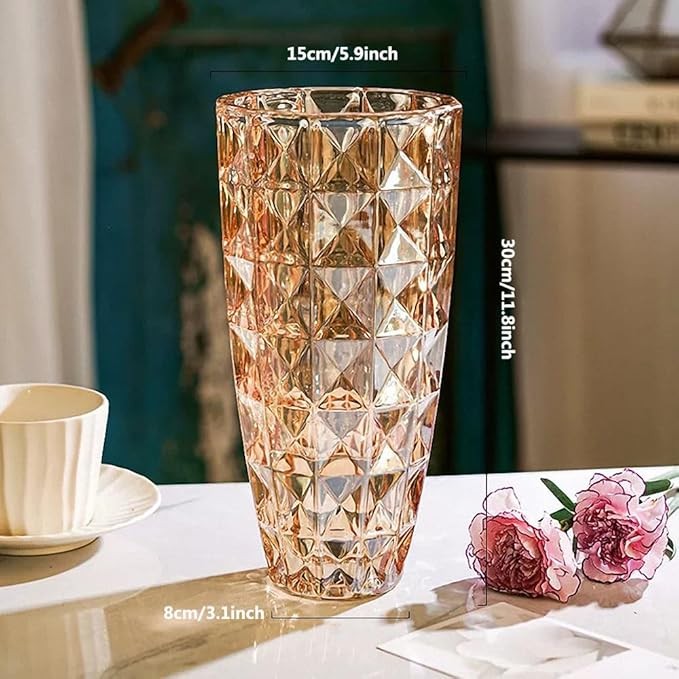 Diamond Cut Glass Vase Tall Amber Crystal Style Flower Vase Luxury Decor