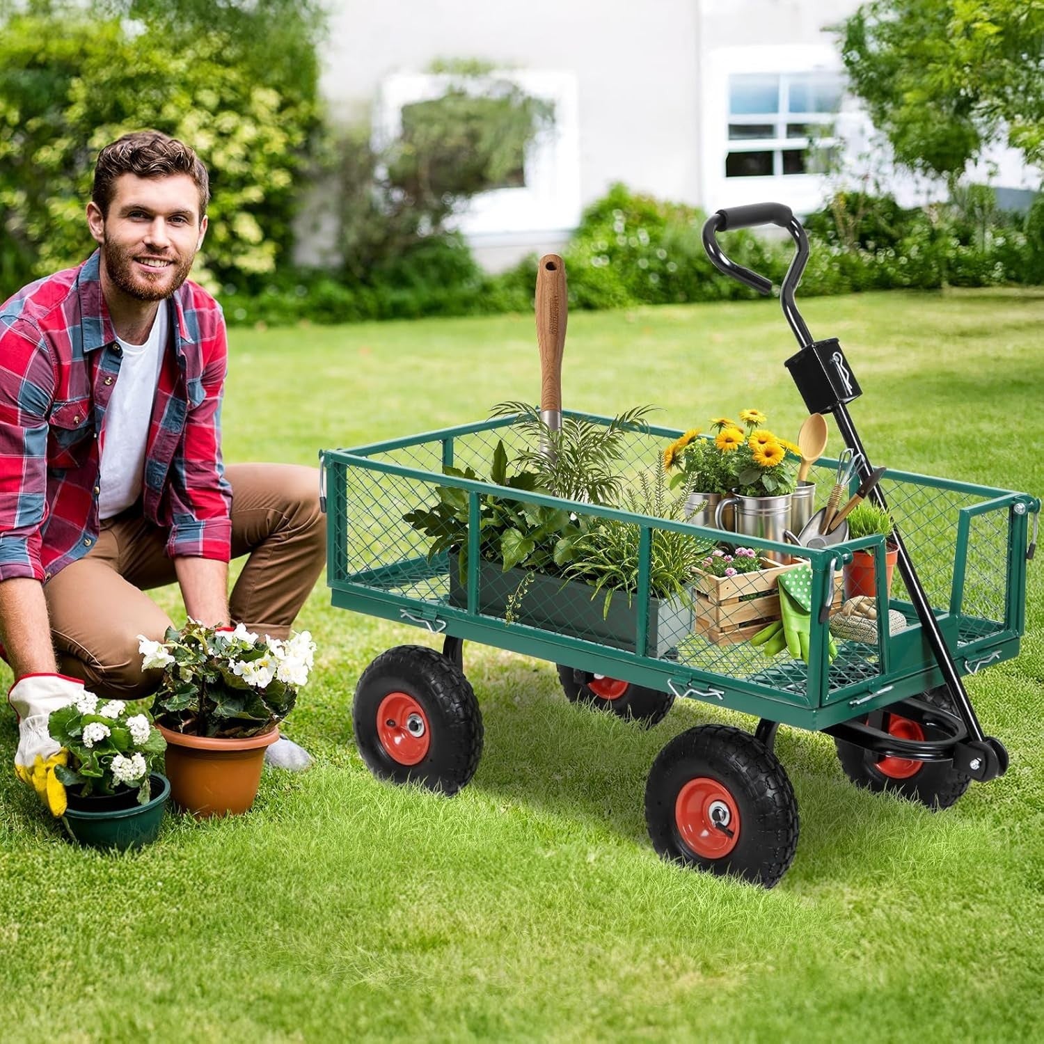 Green Heavy Duty Garden Trolley 700kg Mesh Cart Wagon with Bag & Removable Sides