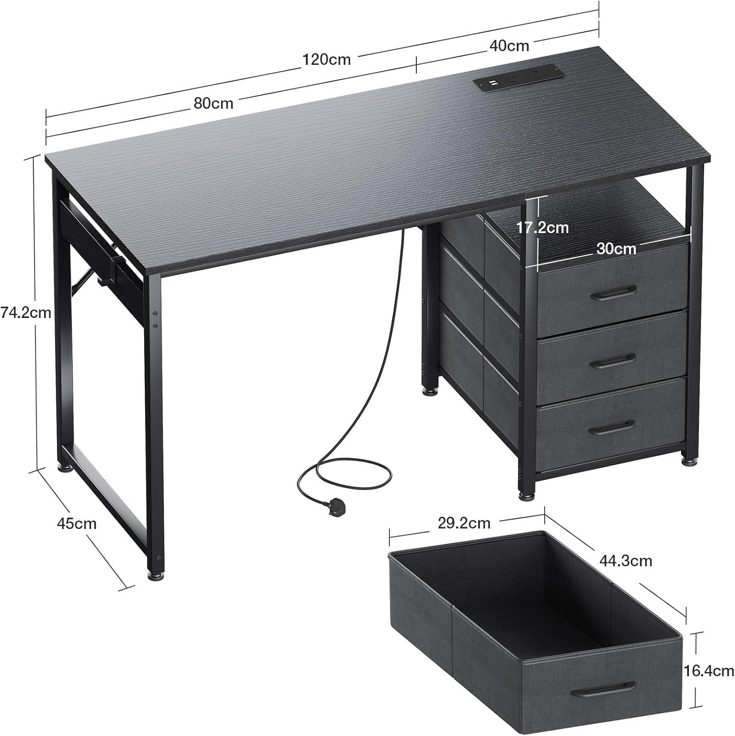Black 120cm Computer Desk with Drawers, USB Ports & Power Sockets Office Table