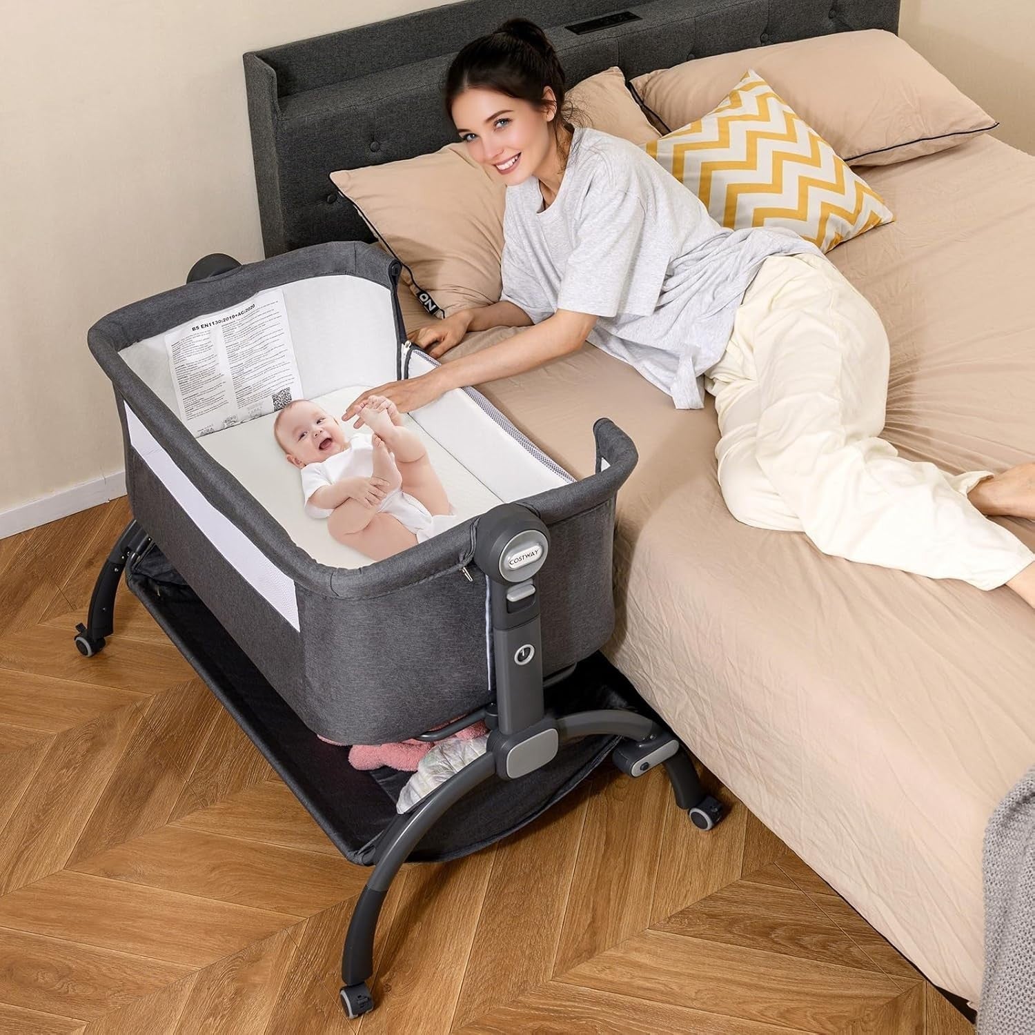 Baby Bedside Crib Adjustable Bassinet with Mattress Newborn Bedside Sleeper Grey