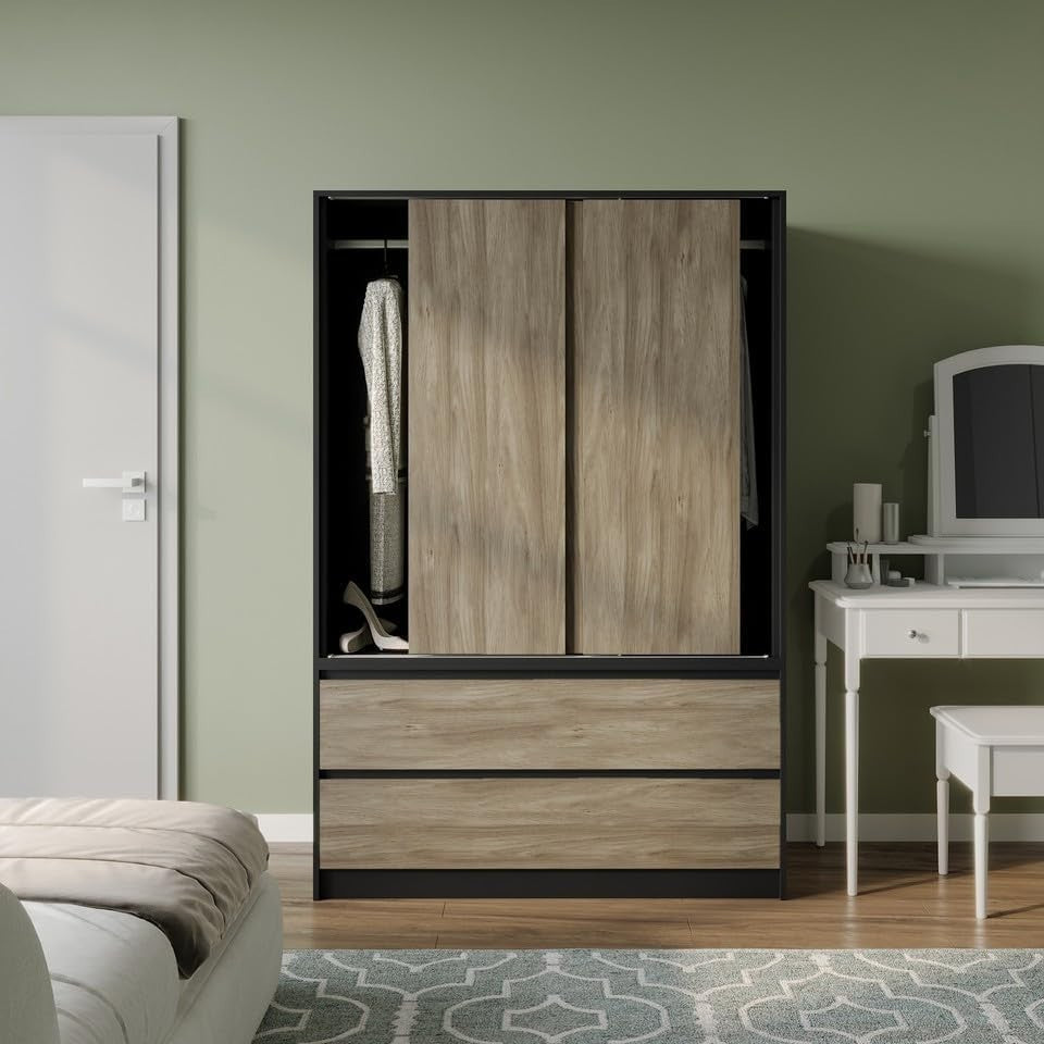Oak Sliding Door Wardrobe with 4 Drawers & Hanging Rail - Space Saving