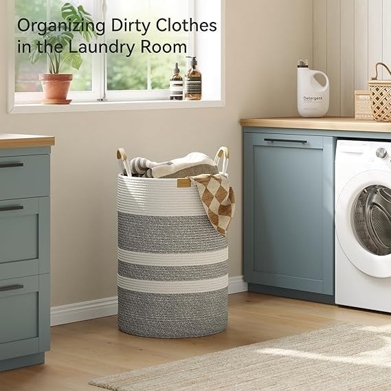 95L Foldable Laundry Basket with Leather Handles, Large Woven Hamper Grey Stripe