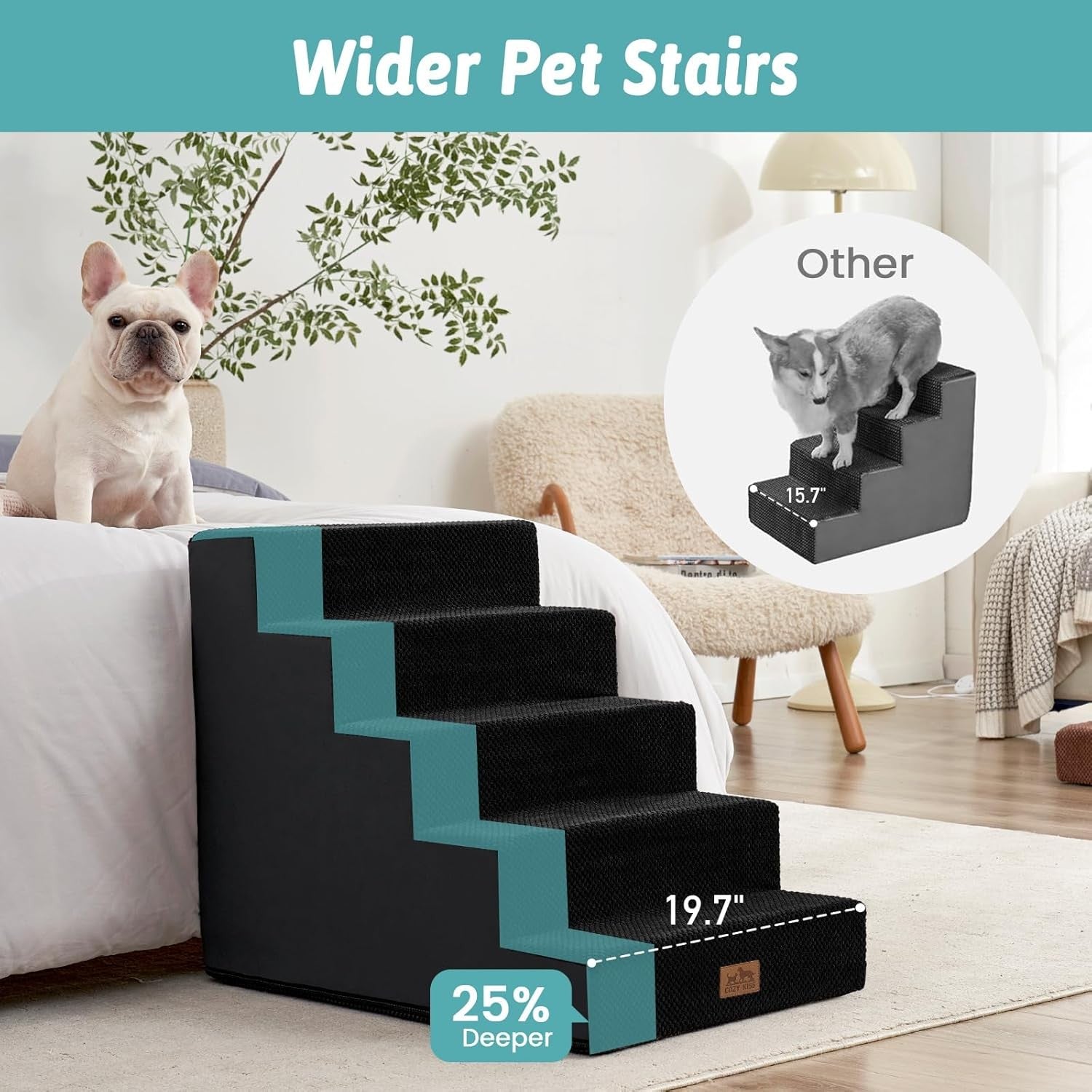 Wide Dog Stairs Non-Slip Pet Steps for Small Dogs Cats Puppy 75x50x60cm Black