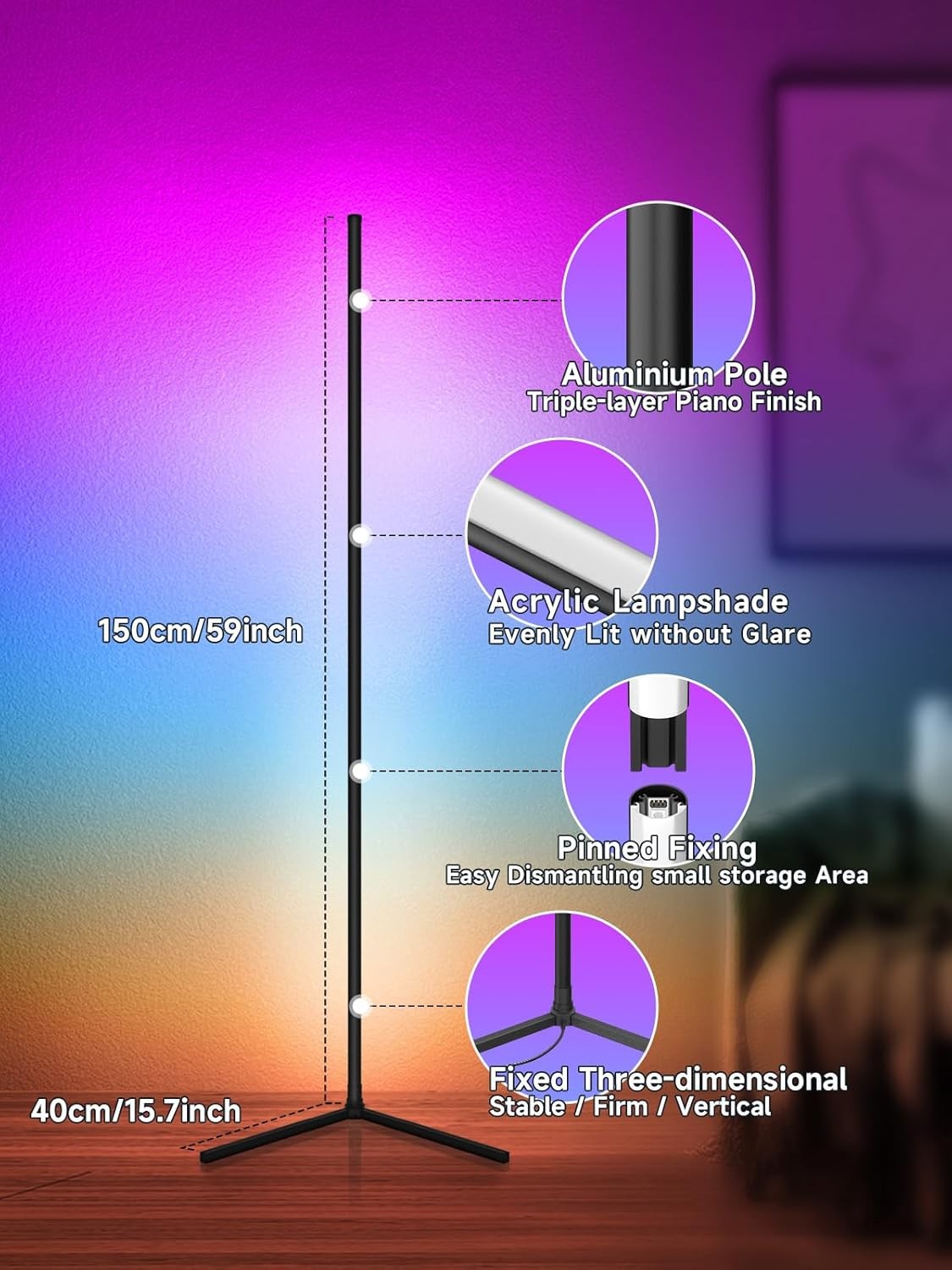 RGB LED Corner Floor Lamp Music Sync App Remote 16M Colours Mood Light