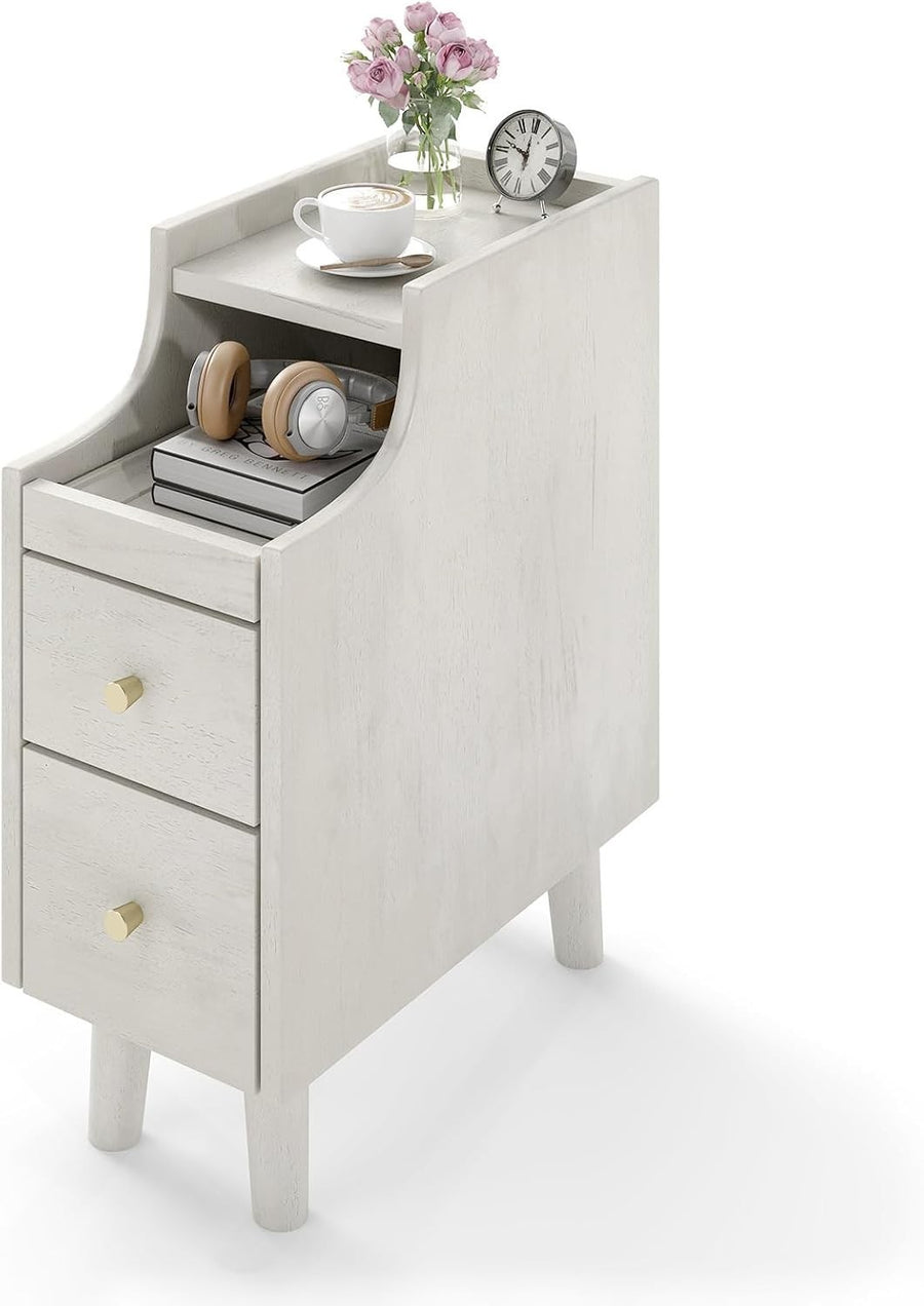 Slim White Bedside Table with 2 Drawers, Pull-Out Tray & Cable Hole, 41x20x50cm