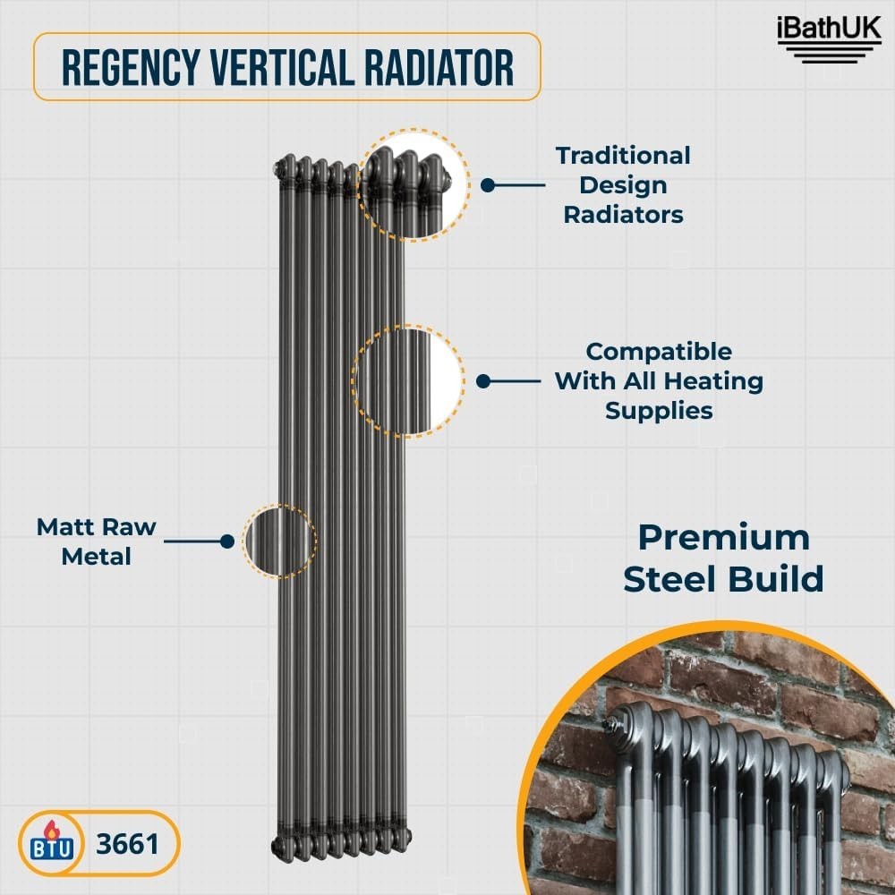 Traditional Vertical Column Radiator Double Panel Raw Metal 1800x380mm