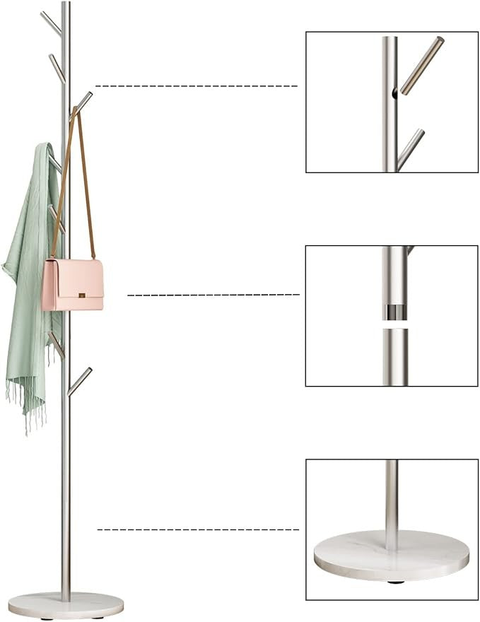 Silver Metal Coat Rack with Marble Base | Freestanding Hall Tree for Coats, Hats