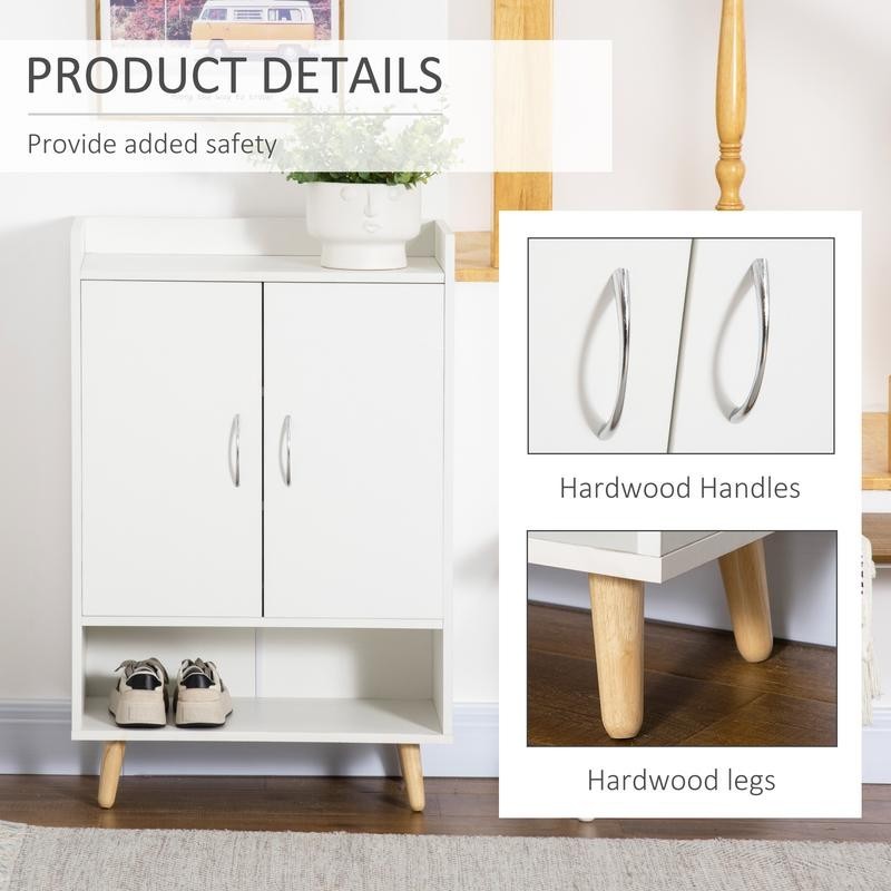 Slim White Shoe Storage Cabinet with Doors, Open Shelf & Wooden Legs