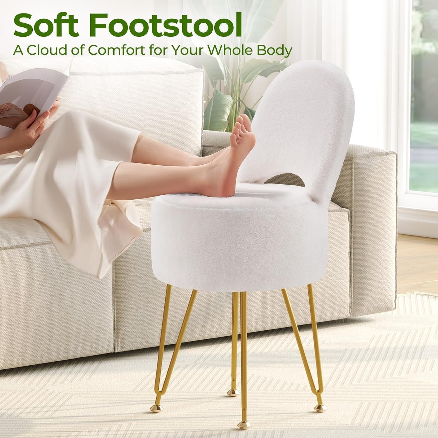White Velvet Vanity Chair Large with Storage Foldable Backrest Footstool