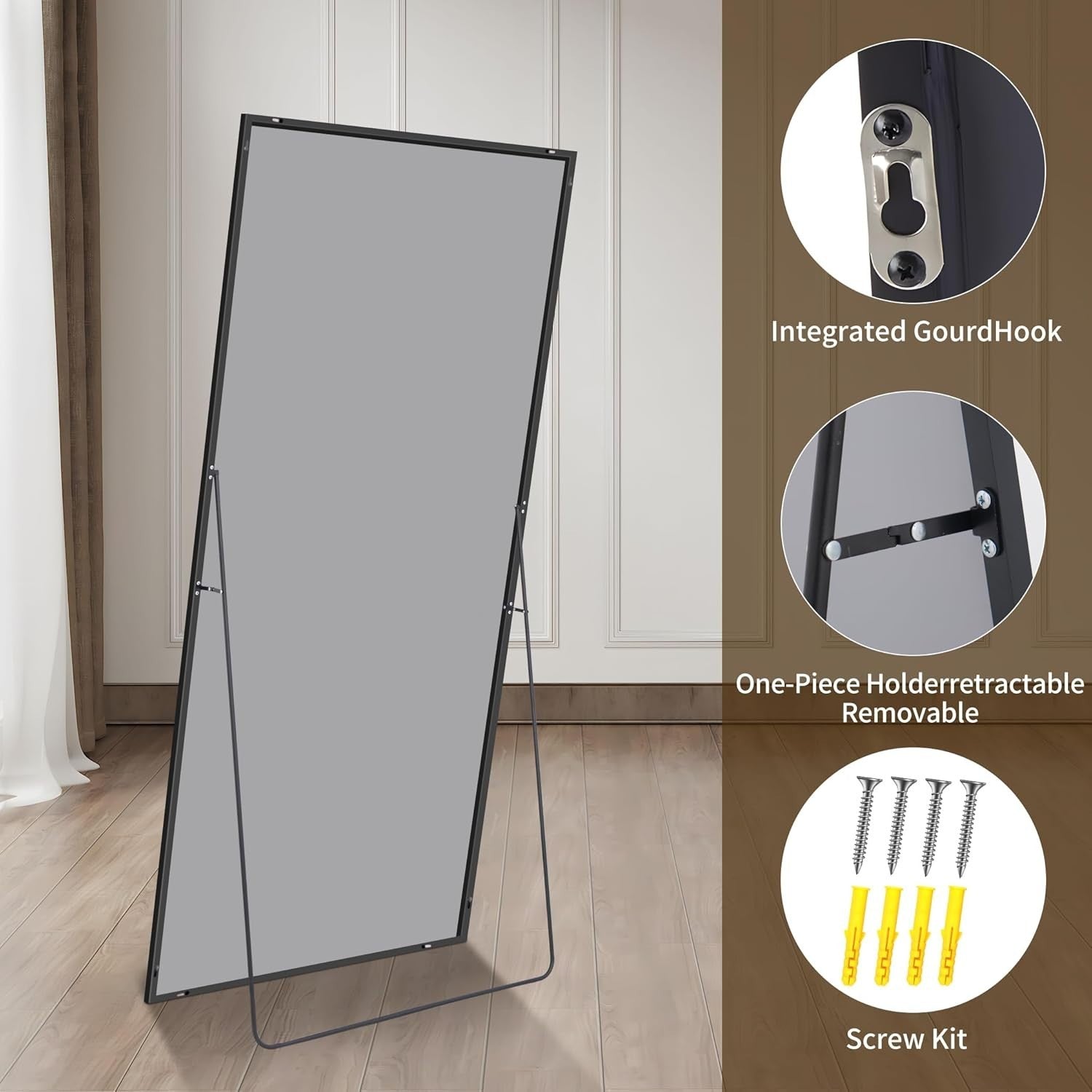 Large Full Length Black Mirror 179x65cm Freestanding & Wall Mount Stylish Frame