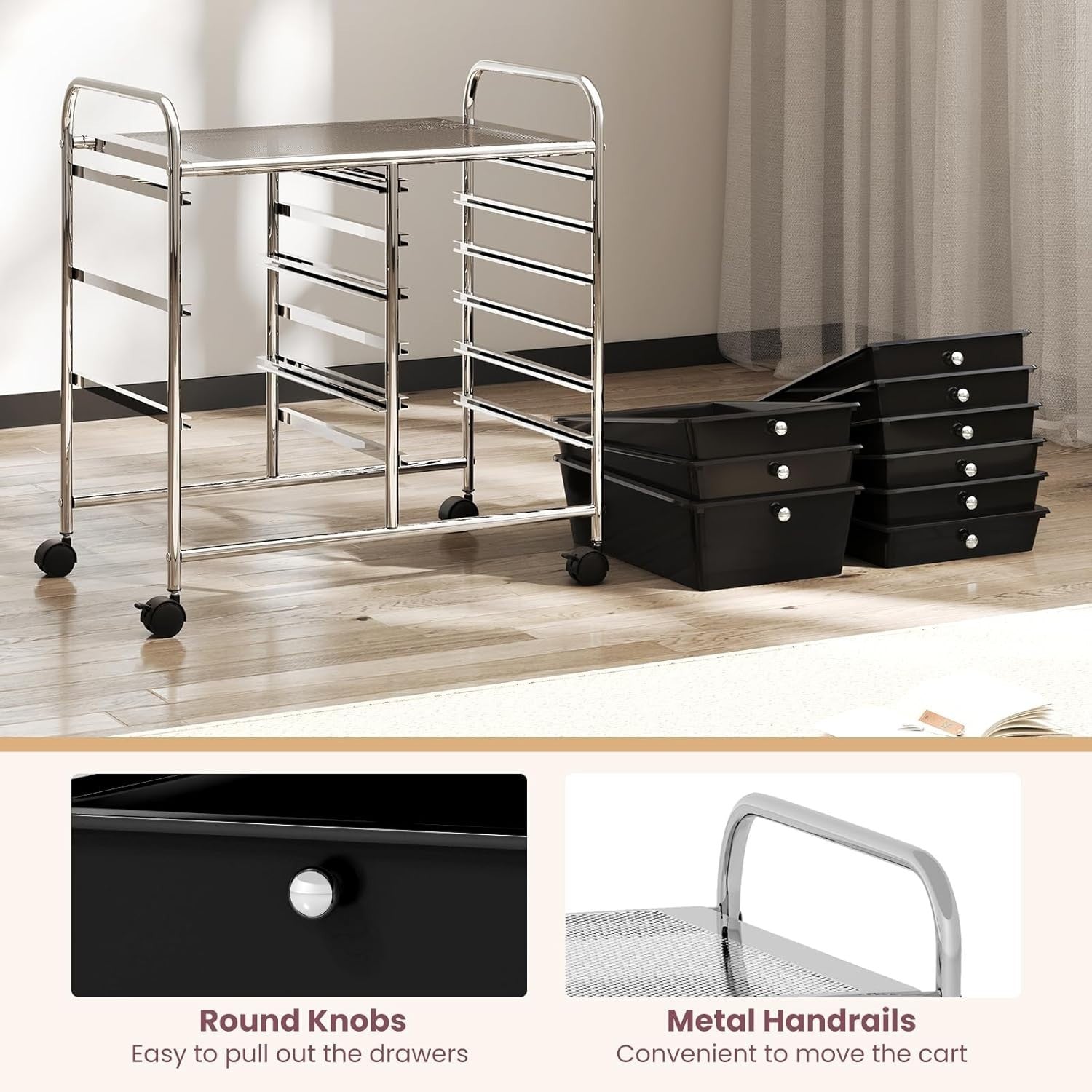 9 Drawer Rolling Storage Trolley Black Utility Cart Organizer Wheels