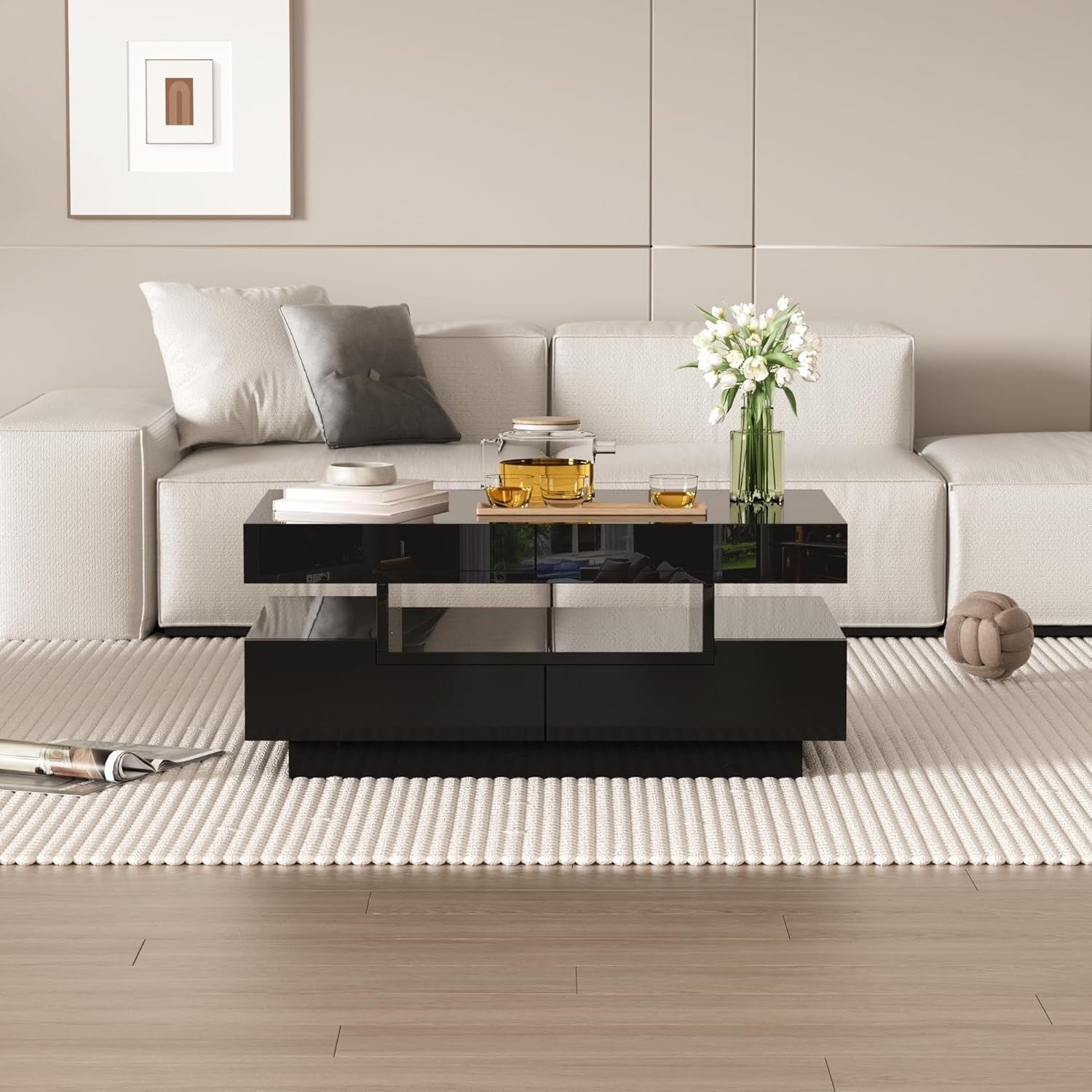 High-Gloss LED Coffee Table with 4 Drawers & Large Storage, Modern Design