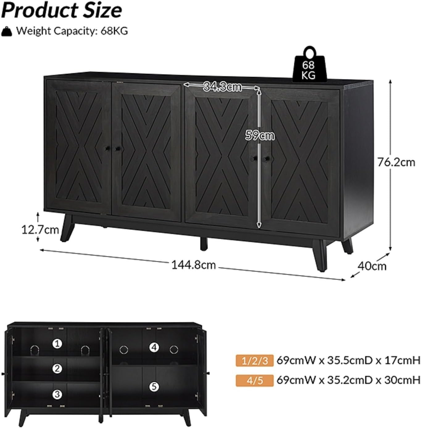 Black Chevron Sideboard Cabinet Solid Wood Legs Adjustable Shelves Storage