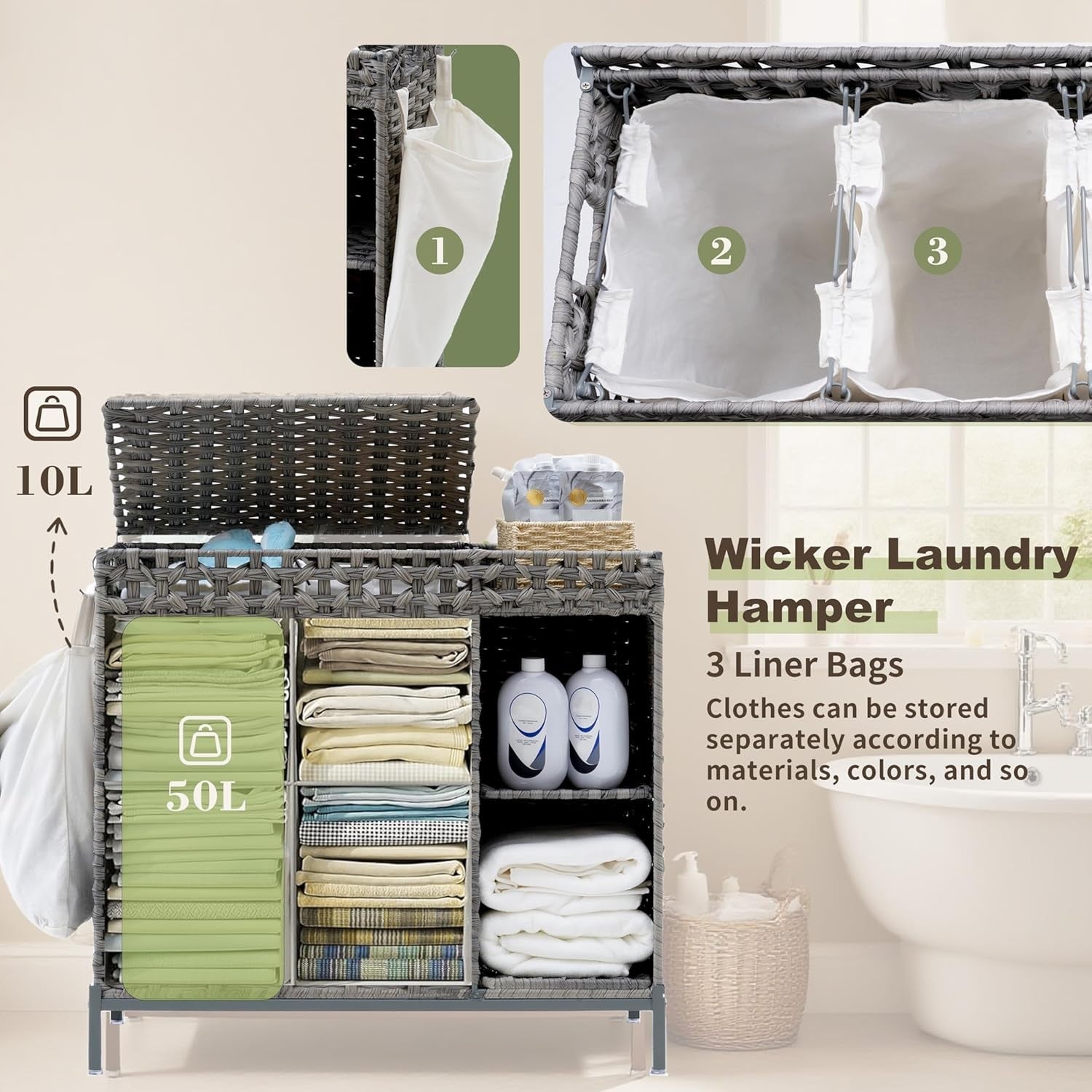 110L Grey Rattan Laundry Hamper 2 Section Basket with Lid & Storage Shelf