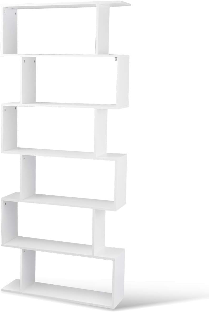 S Shaped 6 Tier Wooden Bookcase Freestanding Display Storage Shelf White