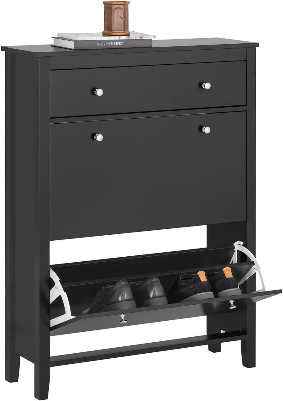 Slim Black Shoe Cabinet with Drawer & Drop Doors, Narrow Storage Unit 80x25x108c