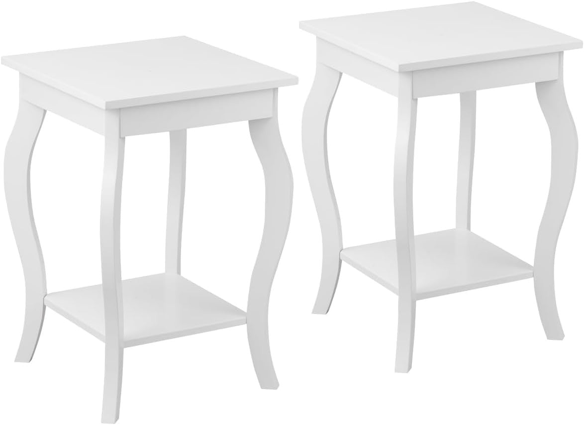 Set of 2 White Wooden Bedside Tables – Modern 2-Tier Side Tables 40×40×60cm