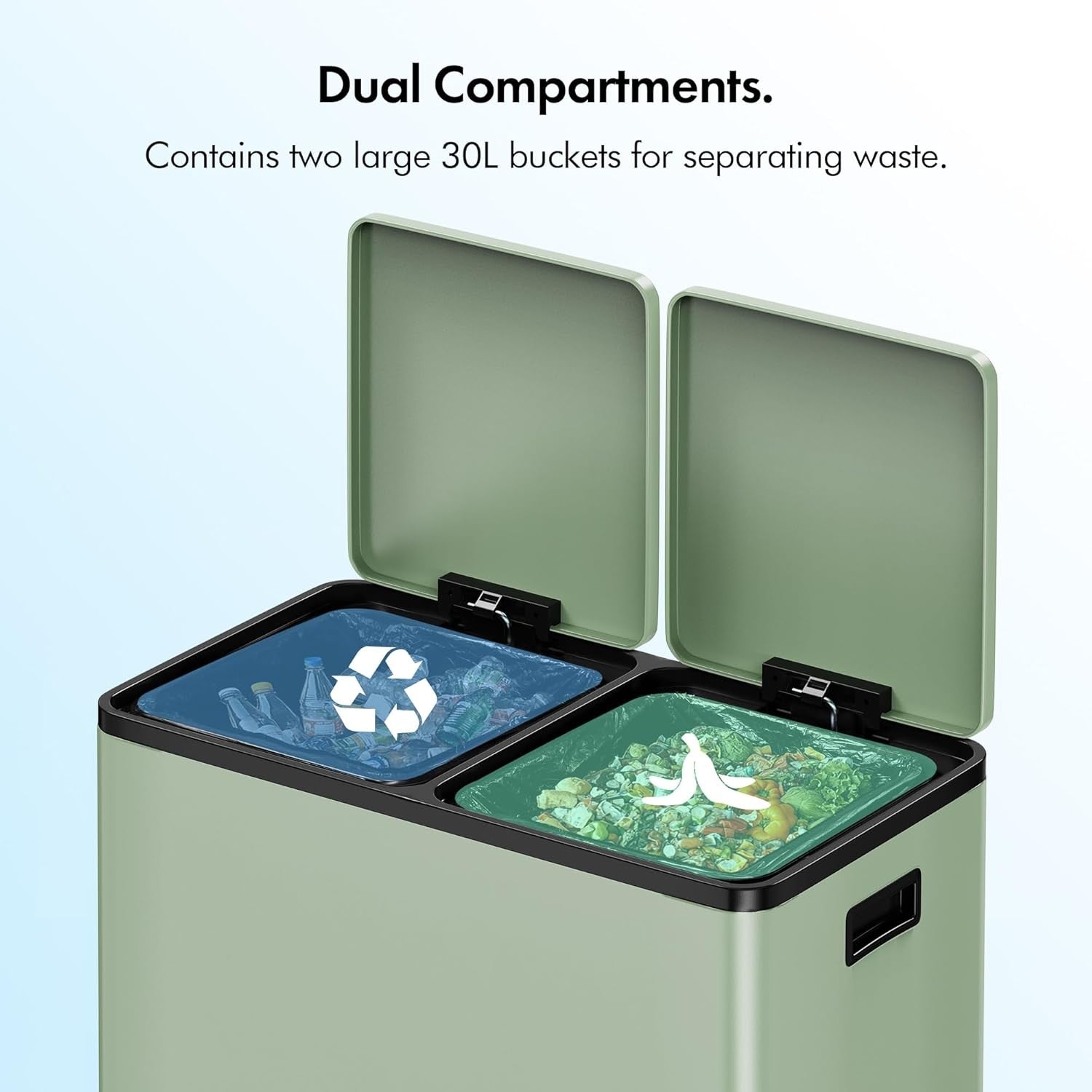 60L Double Recycling Bin Sage Green Stainless Steel 2x30L