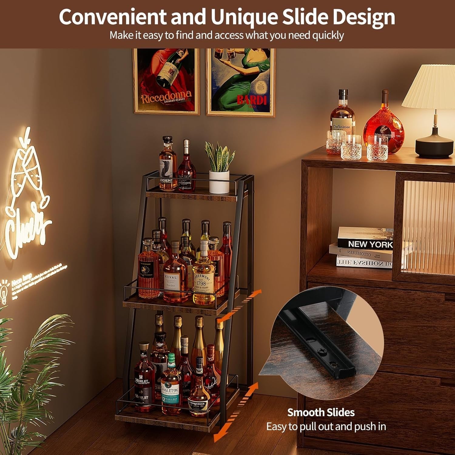 3 Tier Liquor Bar Cabinet Stepped Wine Rack with Slide Shelves & Storage