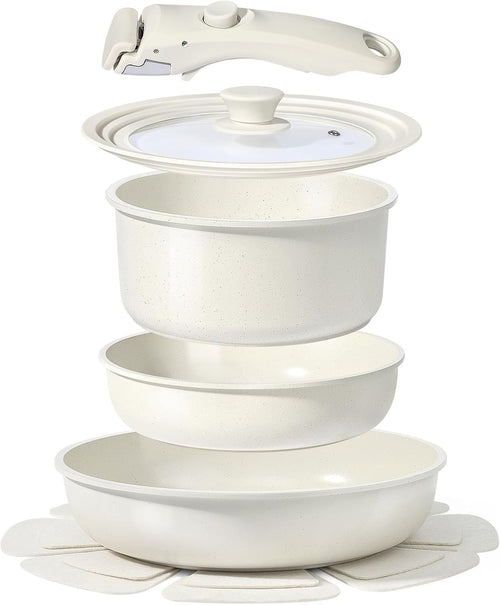8pcs White Ceramic Non Stick Induction Cookware Set with Detachable Handle