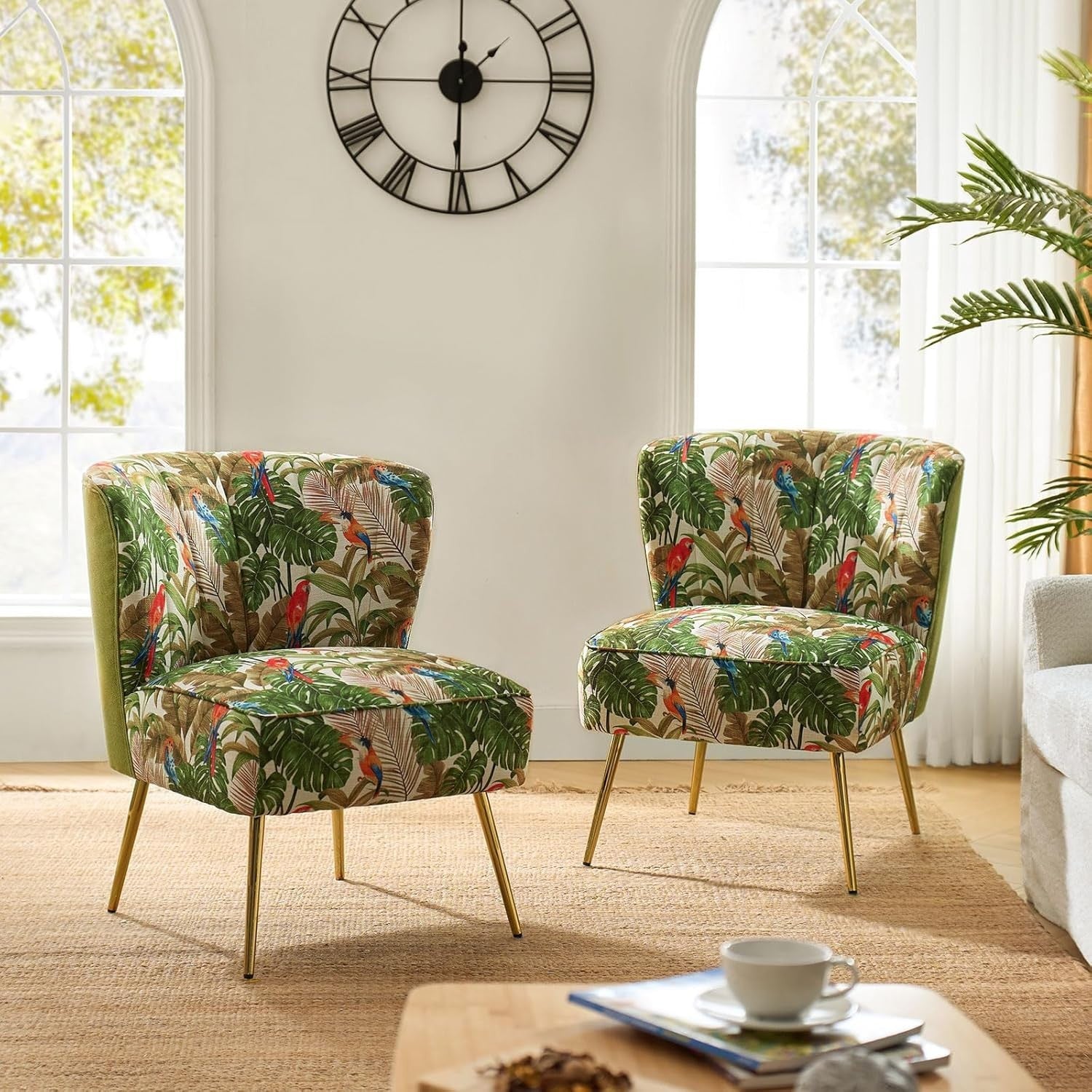 Set of 2 Green Upholstered Dining Chairs – Comfy Cushion & Gold Metal Legs
