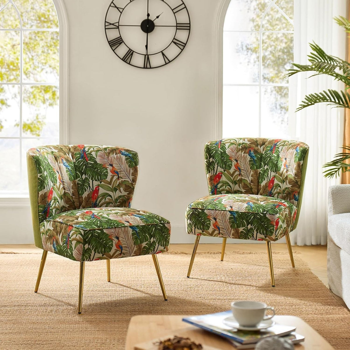 Set of 2 Green Upholstered Dining Chairs – Comfy Cushion & Gold Metal Legs