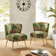 Set of 2 Green Upholstered Dining Chairs – Comfy Cushion & Gold Metal Legs