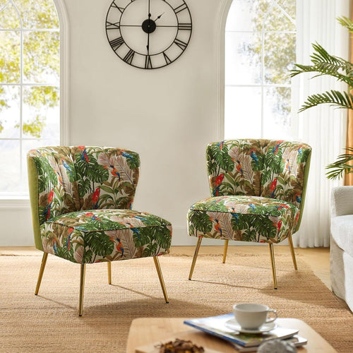 Set of 2 Green Upholstered Dining Chairs – Comfy Cushion & Gold Metal Legs