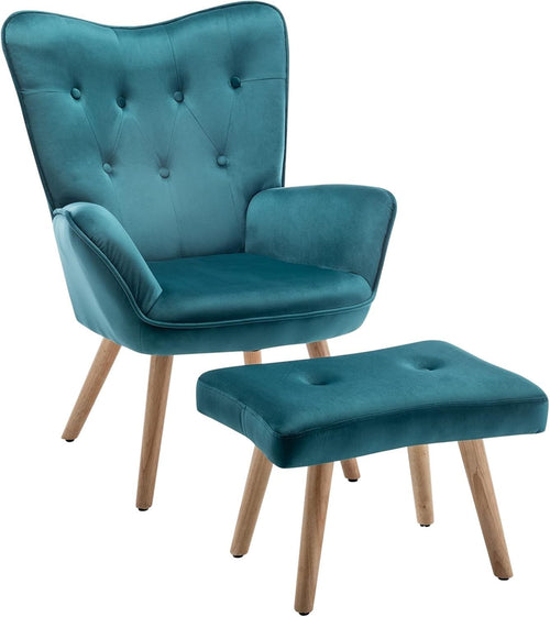 Teal Velvet Armchair with Footstool, Comfy Reading Lounge Chair Set