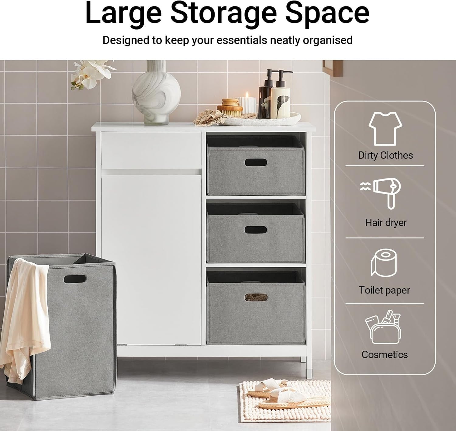 Bathroom Laundry Cabinet with Hidden Basket Drawers Storage Unit White