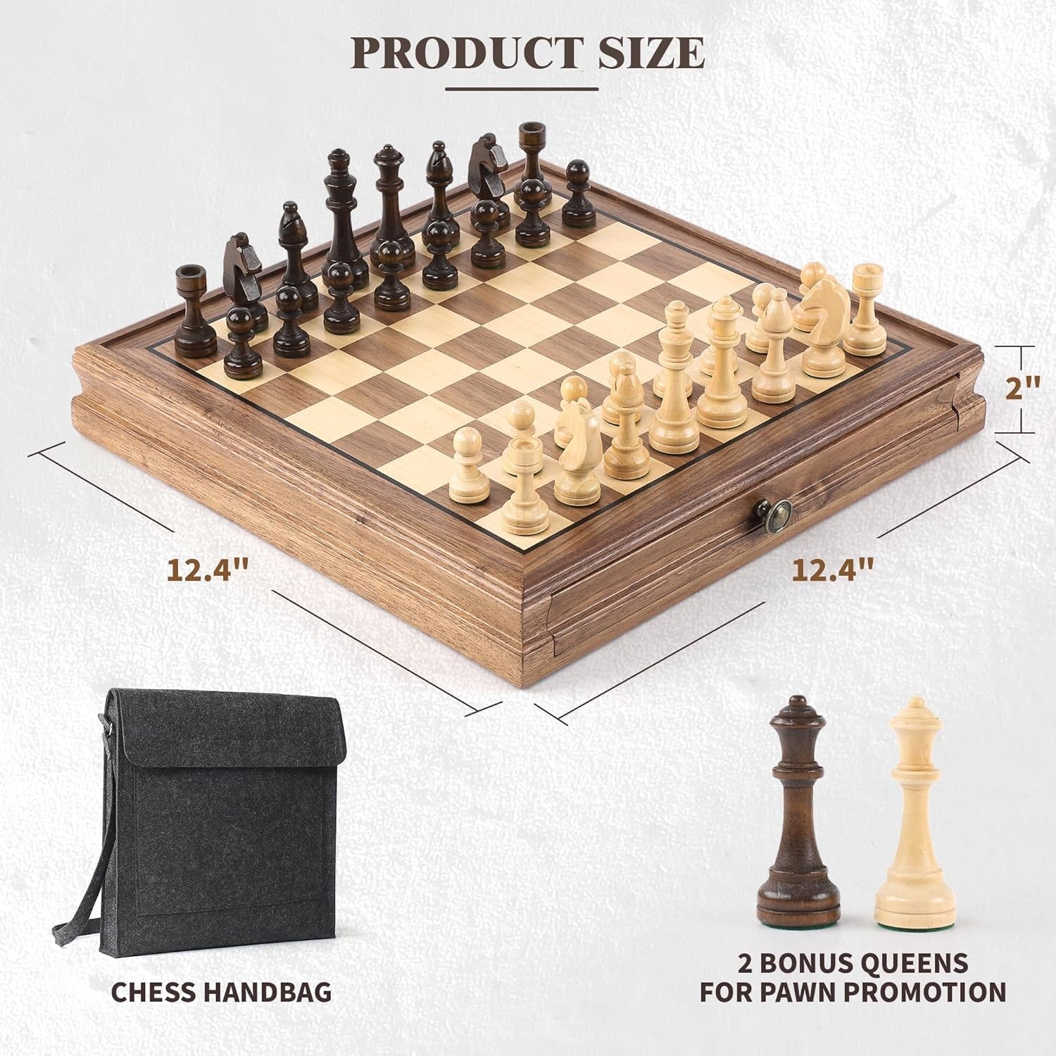 Premium Walnut Magnetic Chess Set 13” With Drawer, Staunton Pieces, 2-in-1 Board