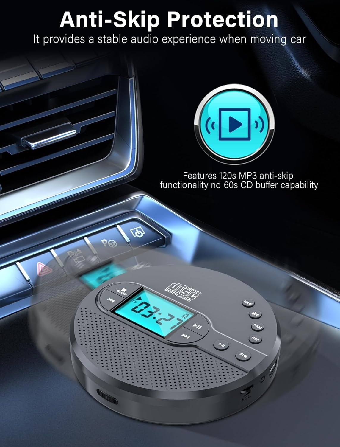 Rechargeable Discman CD Player Bluetooth FM Transmitter AUX LCD Grey