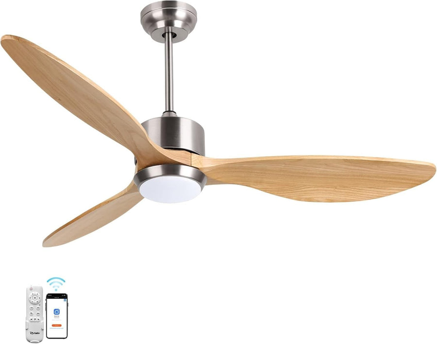 Ovlaim 132cm Silent Wood Ceiling Fan, LED Light, Reversible DC Motor, Remote