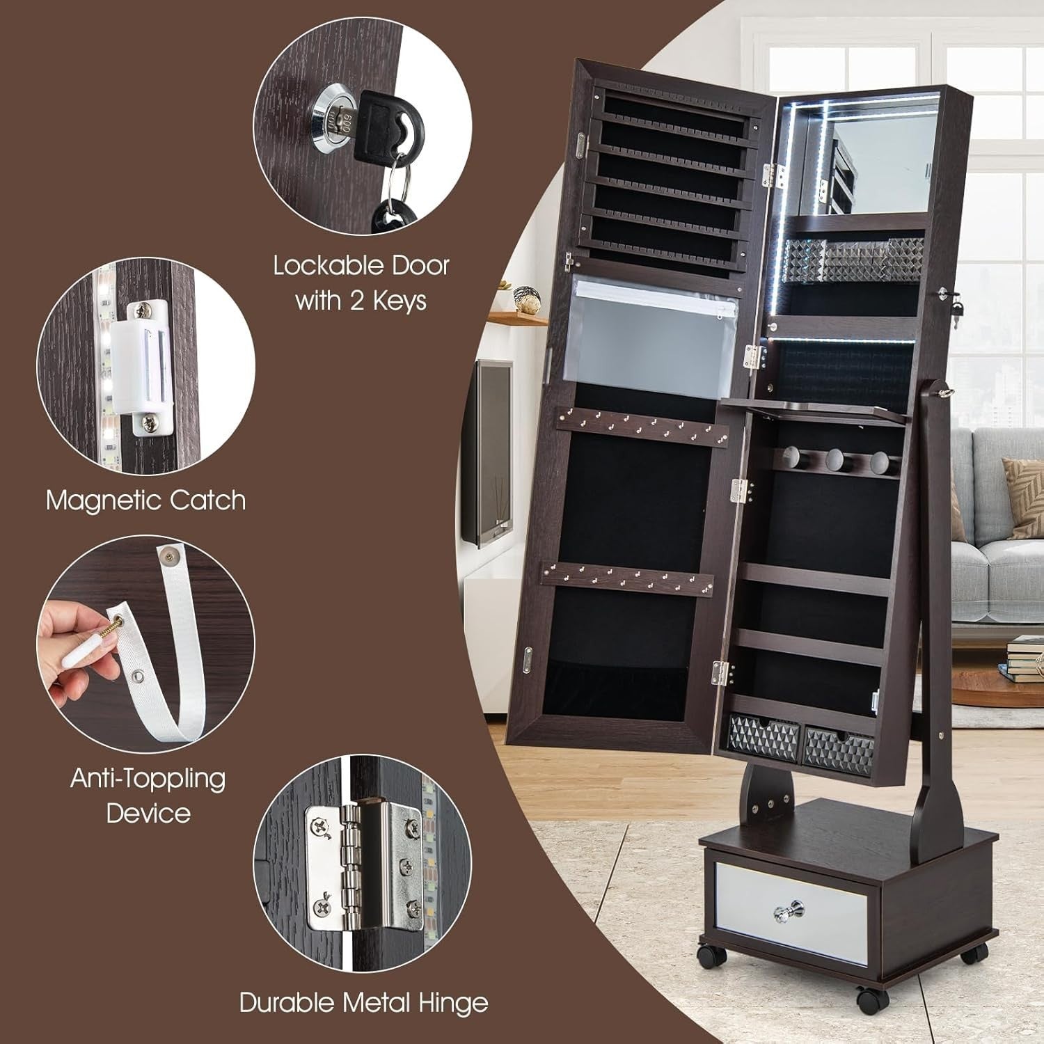 Brown LED Jewellery Cabinet Lockable Full Length Mirror Mobile Storage