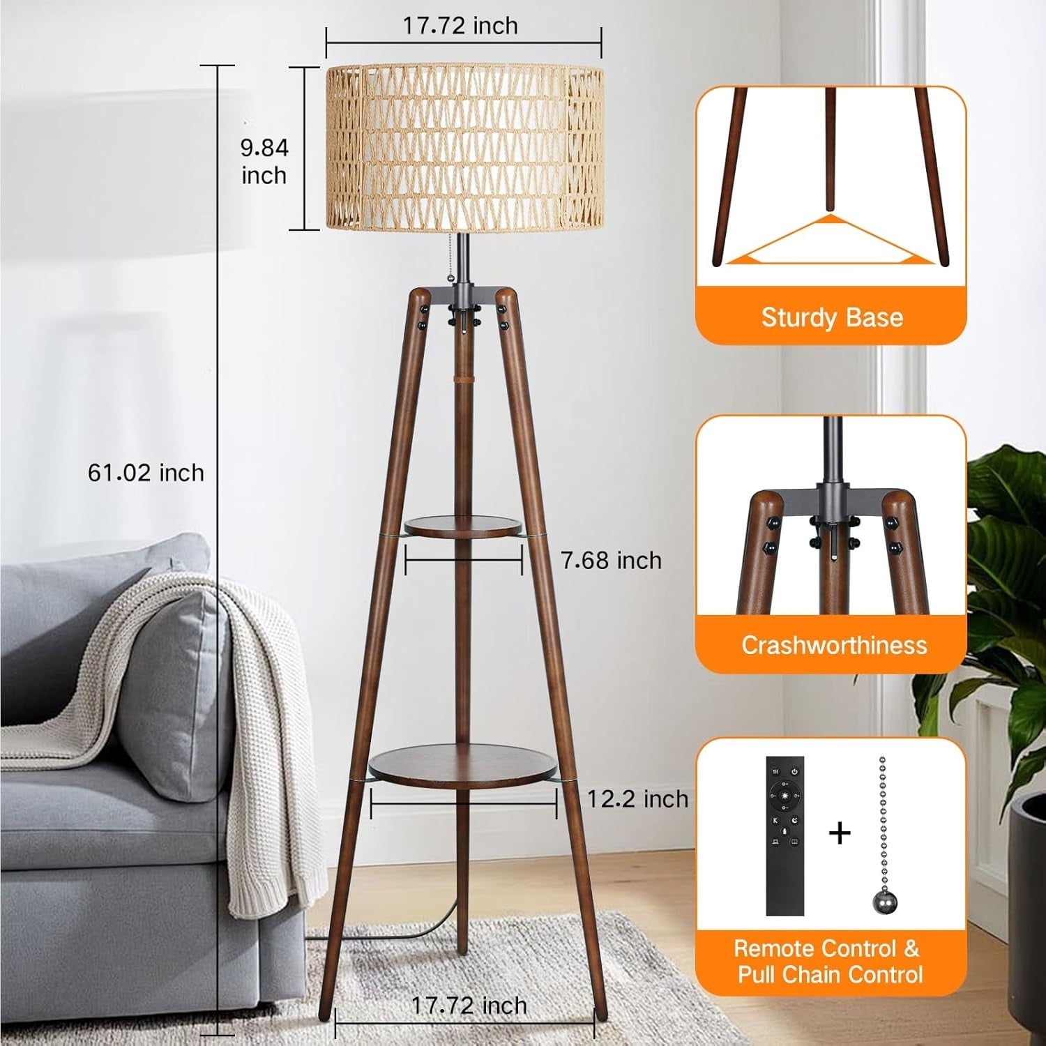 Dimmable Rattan Floor Lamp with Remote, Adjustable Warmth & Shelves 46x46x160cm