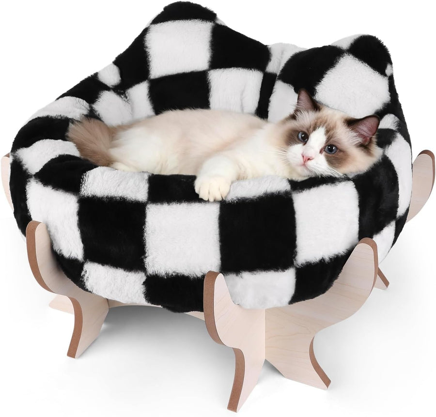 Elevated Cat Bed Plush Faux Fur Pet Sofa w Wooden Stand Anti Slip