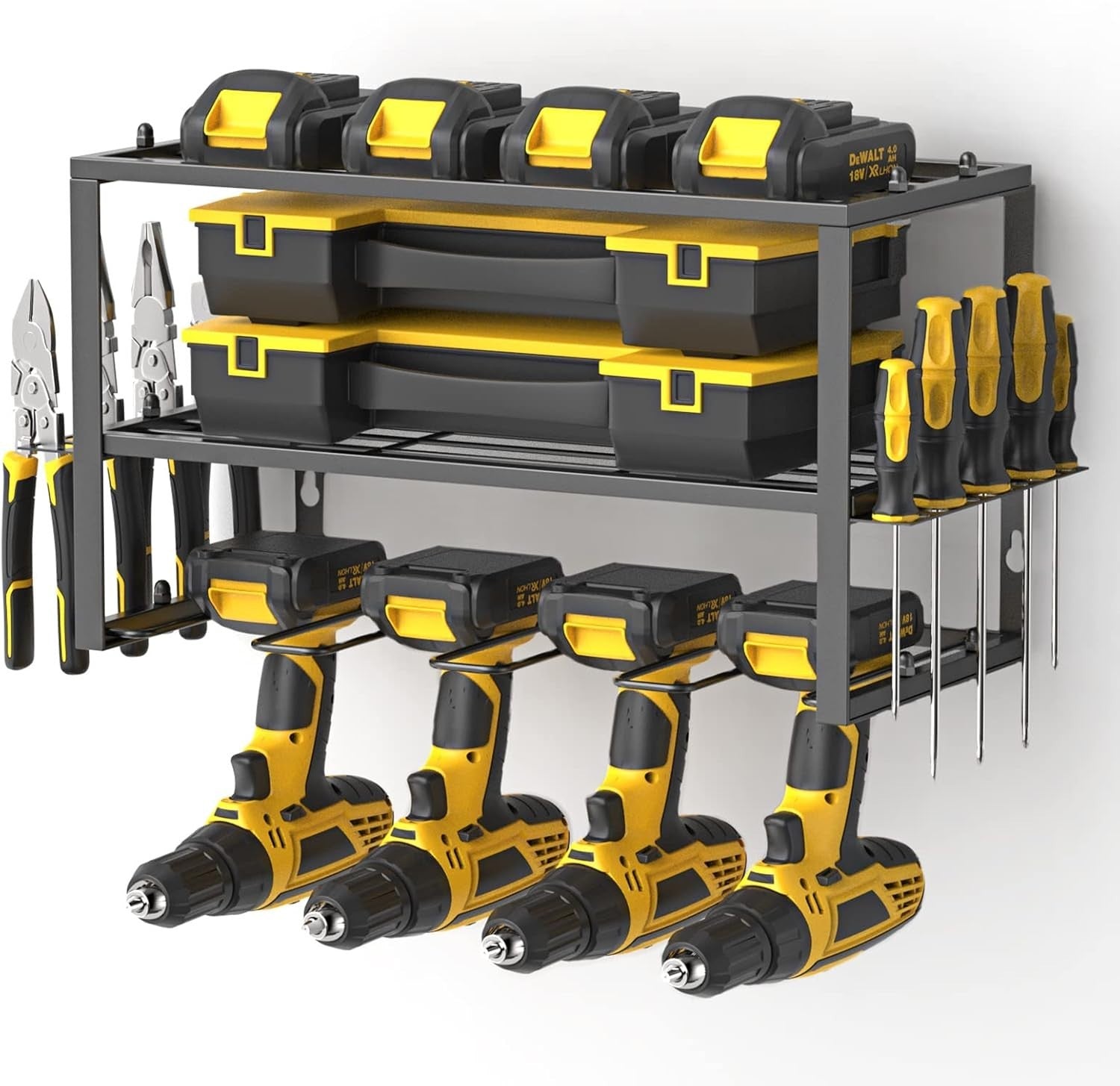 Wall-Mounted Drill Rack 4 Drill Holders 3-Layer Step Shelf Black Steel