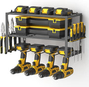 Wall-Mounted Drill Rack 4 Drill Holders 3-Layer Step Shelf Black Steel