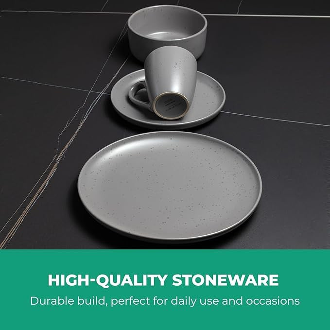 16 Piece Stoneware Dinner Set Plates Bowls Mugs for 4 Grey Crockery Set